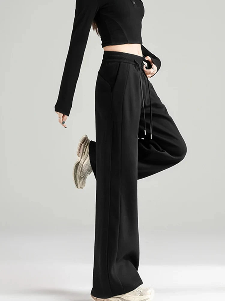 Preppy Style Black Sweatpants Women Vintage High Waist Loose Straight Pant Korean Casual Fall Lace Up Wide Leg Trousers New voguable
