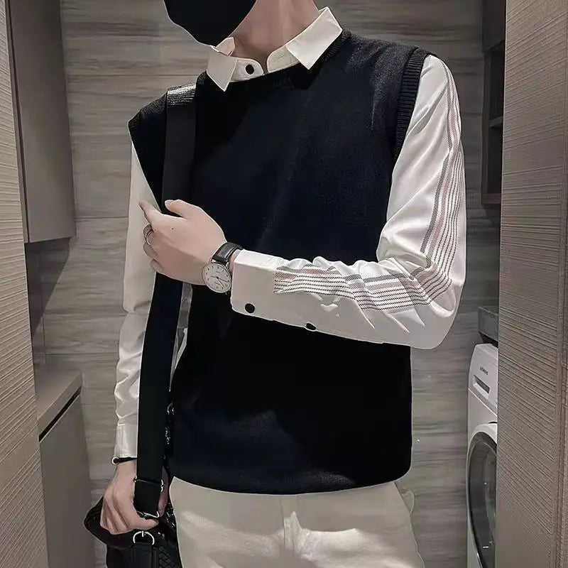 Autumn Winter Fake Two Pieces Fashion Harajuku Sweaters Men Loose Casual Knitting Tops All Match Pullover Chic Business Jumpers voguable