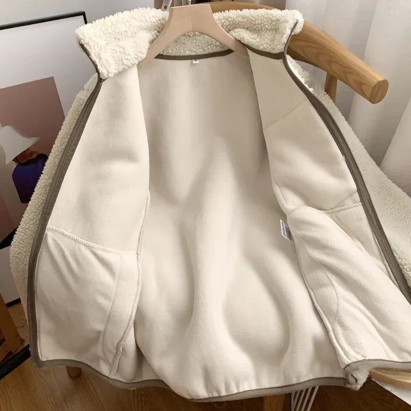 Autumn Winter Lambswool Coat Male Loose Windproof Warm Sherpa Stand Collar Polar Fleece Jacket Unisex Simple  Pocket Spliced Top voguable