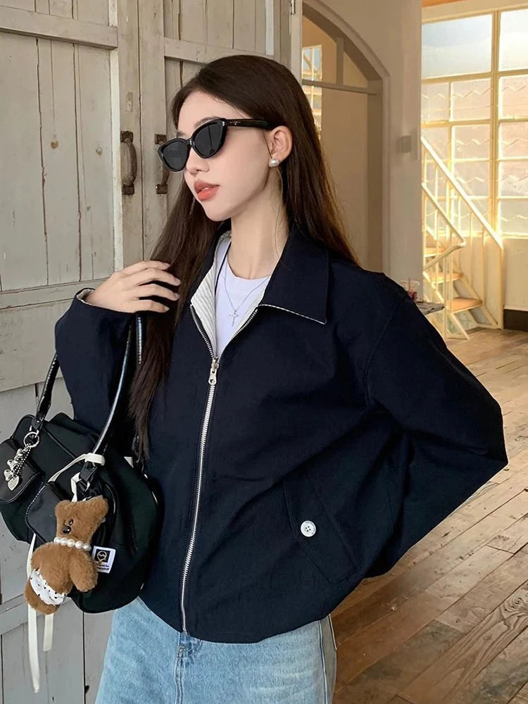 Striped Vintage Y2K Jacket Women Design Double Sided Wear Loose Streetwear Coat Casual American Fall Winter Long Sleeve Top voguable