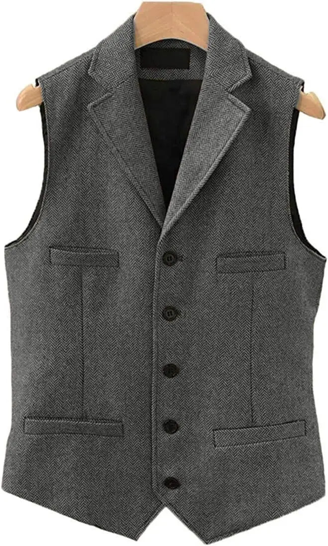 Tweed Herringbone Mens Suit Vest Slim Fit Notch Lapel With 4 Pockets Groomsmen Wedding Waistcoat For Wedding voguable