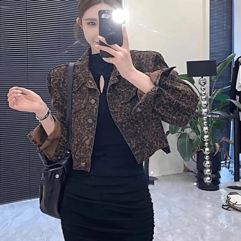 Y2K Cropped Leopard Denim Jacket Women Vintage Streetwear Long Sleeve Slim Short Coat American Harajuku Female Hip Hop Tops voguable