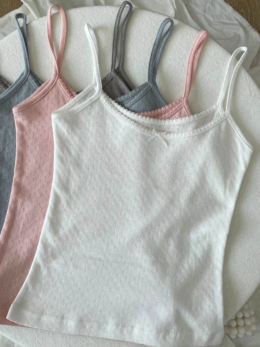 Floral Eyelet Bow Cotton Crop Tops Summer Lace Trim Sleeveless Slim Tank Top Women Preppy Style Sweet Camisole Y2k Clothes voguable