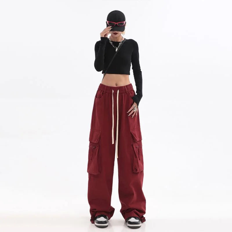 Streetwear Vintage Hip Hop Oversize Red Cargo Pants Women Drawstring Elastic Waist Loose Wide Leg Harajuku Casual Trousers 2023 voguable