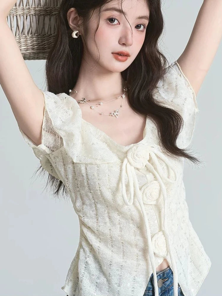 3D Floral Ruffles Sweet T Shirt Women Slim Sexy Cropped Short Sleeve Chic Tees Tops Korean Fashion Elegant Female T Shirts voguable