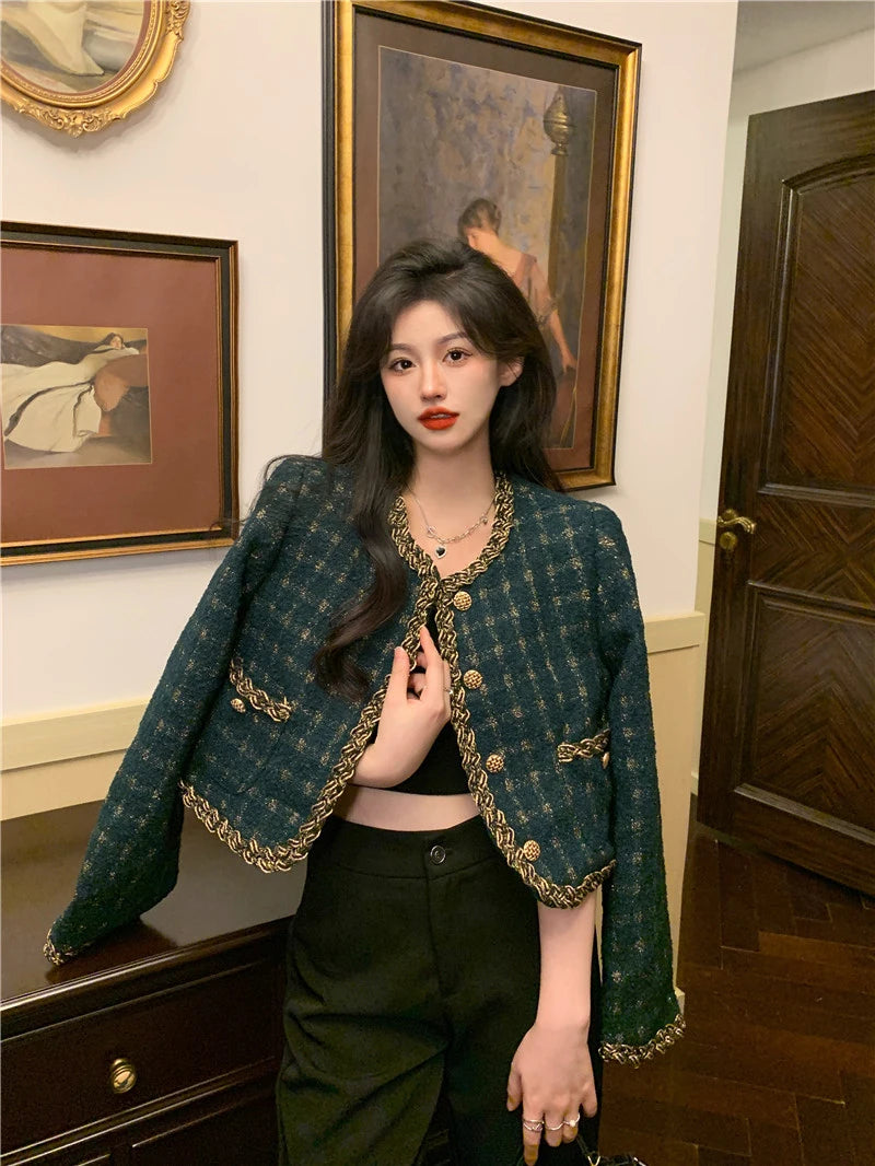 Vintage Cropped Tweed Jacket Women Elegant Blazer Korean Single Breasted Short Coats Autumn Winter Chic Suit Outerwear New voguable