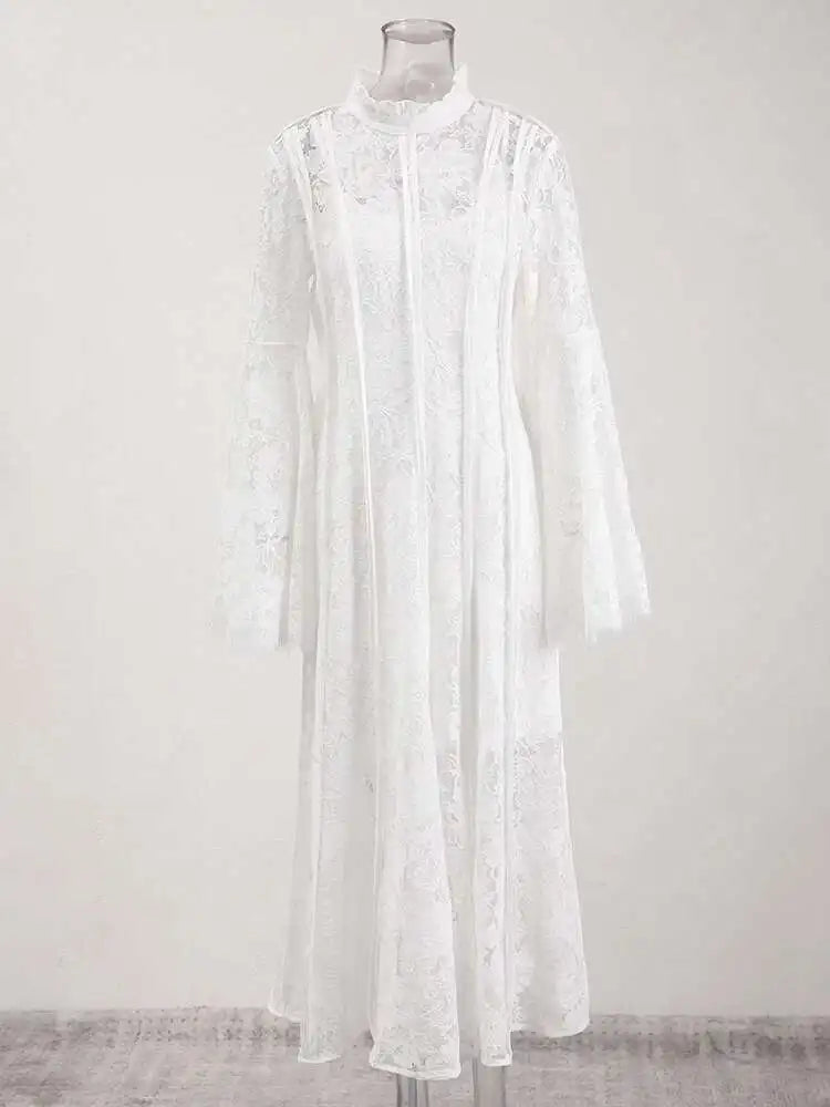 Solid High Quality Evening Dresses For Women Stand Collar High Waist Long Sleeve Thin Elegant Dress Female Clothing voguable