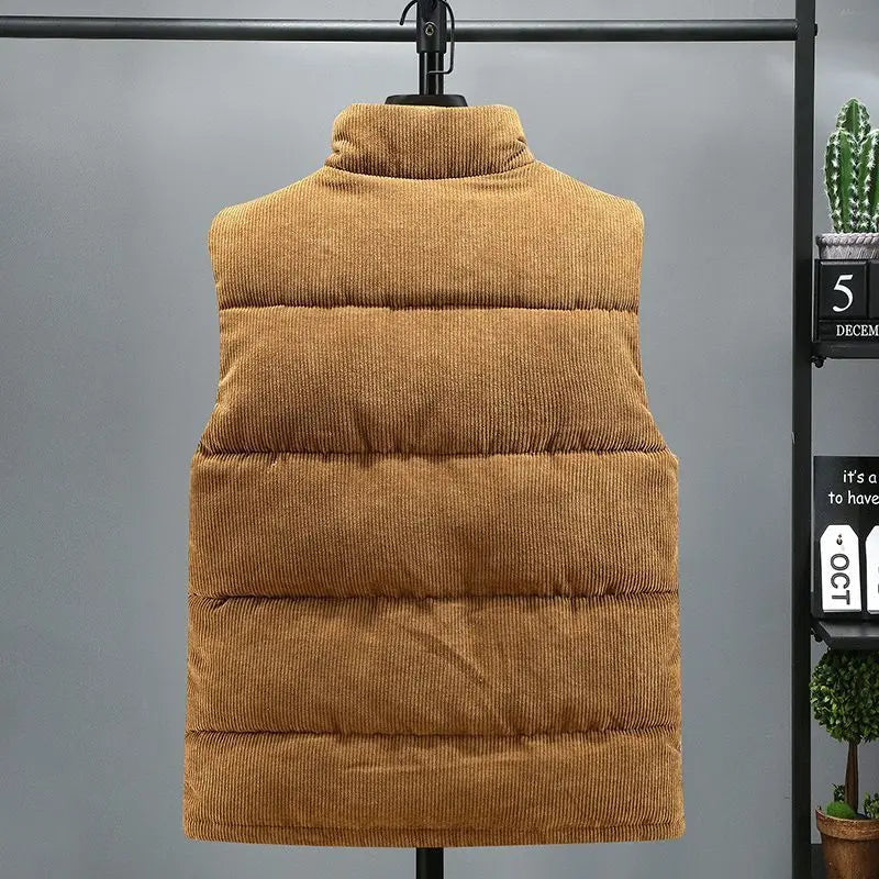 Vests Jacket Men Autumn Winter Stand Collar Warm Sleeveless Leisure Down Cotton-Padded Vest Coat Thickened Corduroy Warm Coat voguable