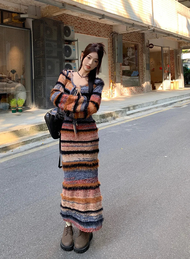 Voguable Autumn New Streetwear Lace Up Sexy Long-sleeved Cardigan Women + Contrast Color Striped Knit Sling Dress Two-piece Suit voguable