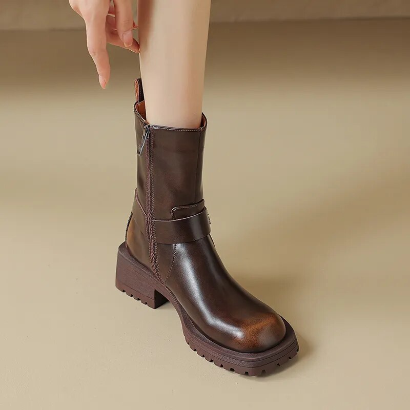 Women Shoes Genuine Leather Ankle Boots Fashion Buckles Design Thick Heels New Winter High-heel Shoes Woman Platform Boots voguable