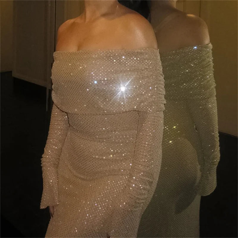 Voguable  Elegant Flare Sleeve Sequins Banquet Party Maxi Dress Off Shoulder Slim Fit Pleated Autumn Winter Fashion Temperament Vestidos voguable