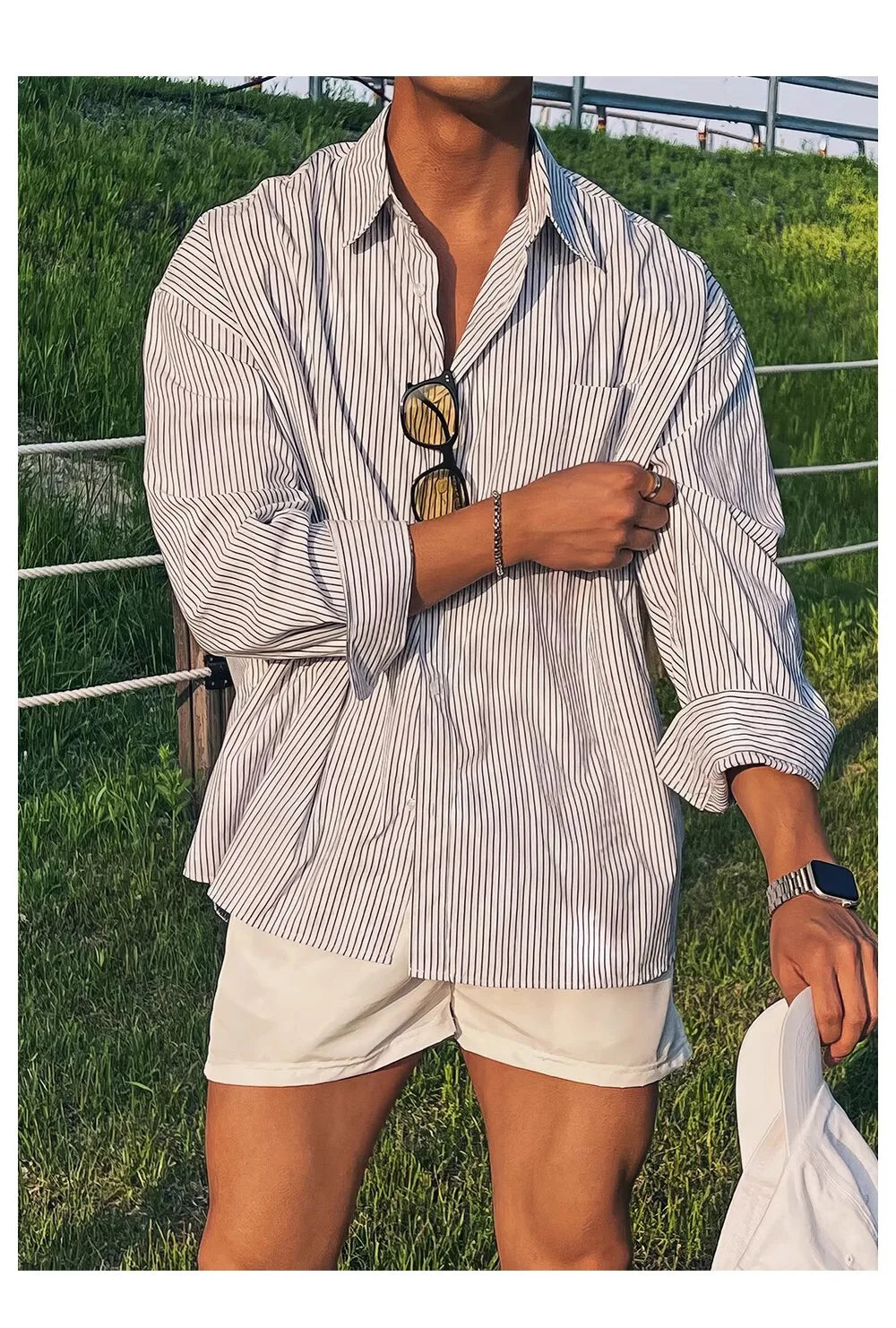 Voguable Men's Blue Vertical Striped Long-Sleeved Shirt, Korean Style High Quality Casual  Shirt Coat voguable