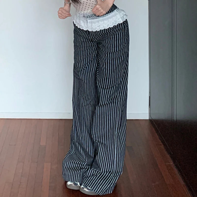 Voguable 2024 Summer New Streetwear Polka Dot Lace Patchwork Sexy Camisole Women + Contrast Color Striped Wide Leg Pants Two-piece Suit voguable