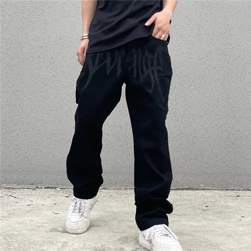 Y2K Black Baggy Jeans Men's New Streetwear American Retro Printed Letter Pants Straight Hip-hop Loose Denim Trousers voguable