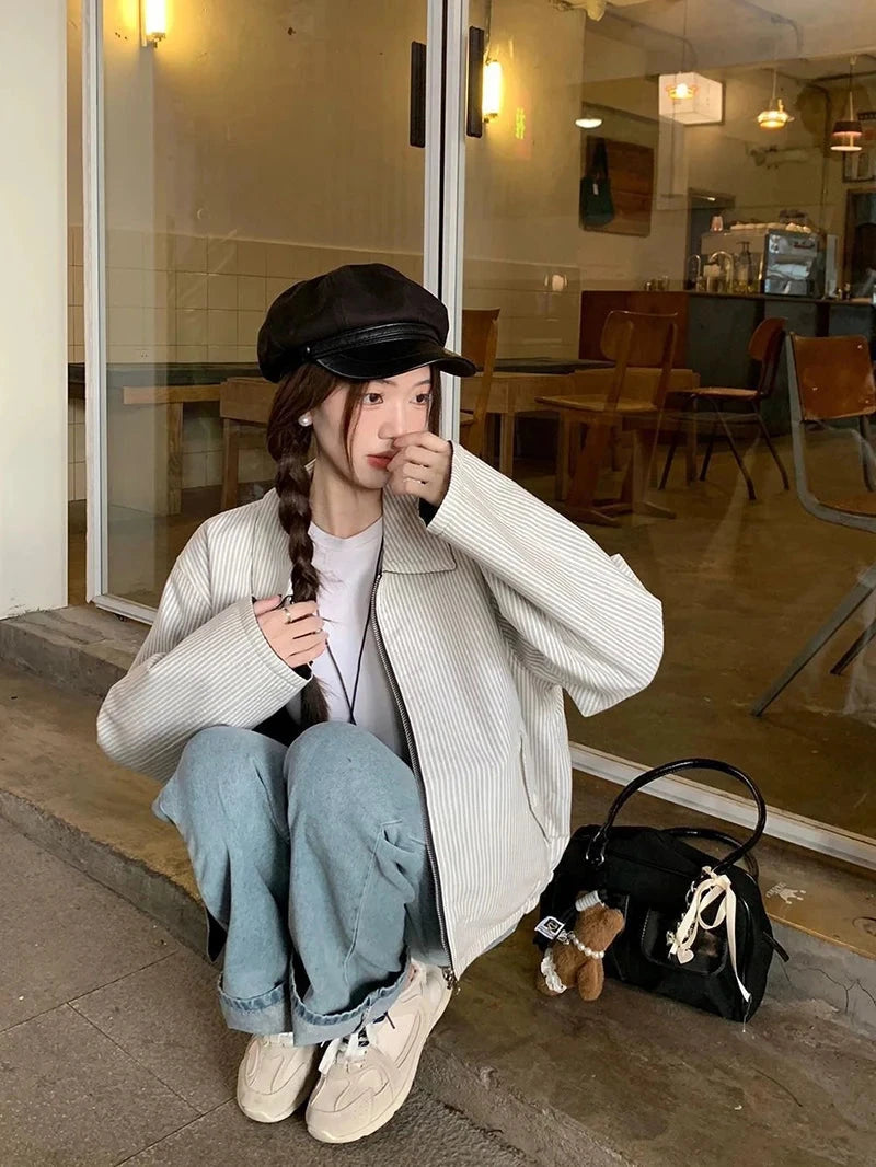 Striped Vintage Y2K Jacket Women Design Double Sided Wear Loose Streetwear Coat Casual American Fall Winter Long Sleeve Top voguable