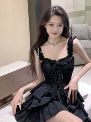 Voguable  Sexy Slip Lolita Style Black Dress Women Vintage Sleeveless Y2K Mini Dress Summer Slim Sweet Korean Lace Up Cake Dress New voguable