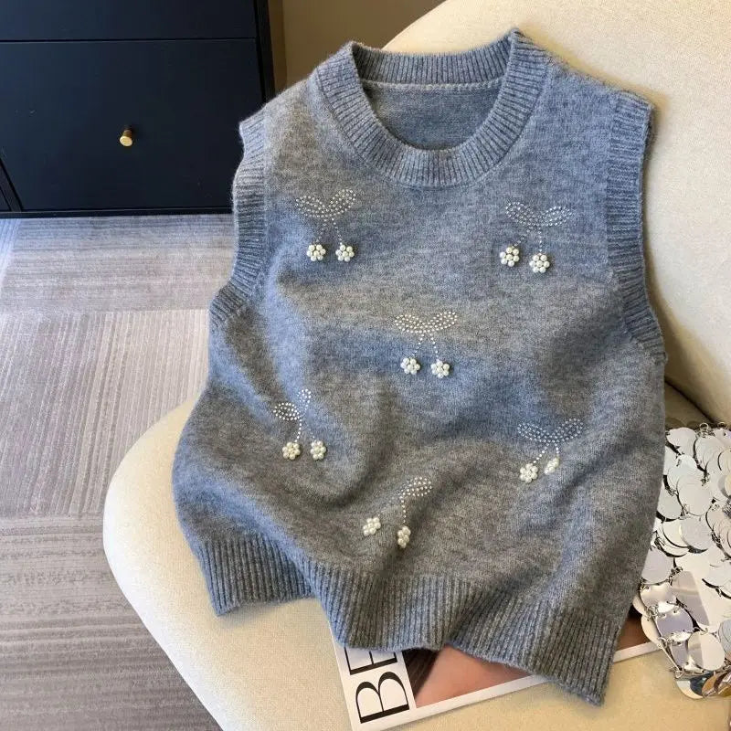 Voguable  Fresh Lovely New Heavy Beading Vest Layering Knit Slim Fit Sweaters Women Clothing Trendy All-match Literary Casual Camis voguable