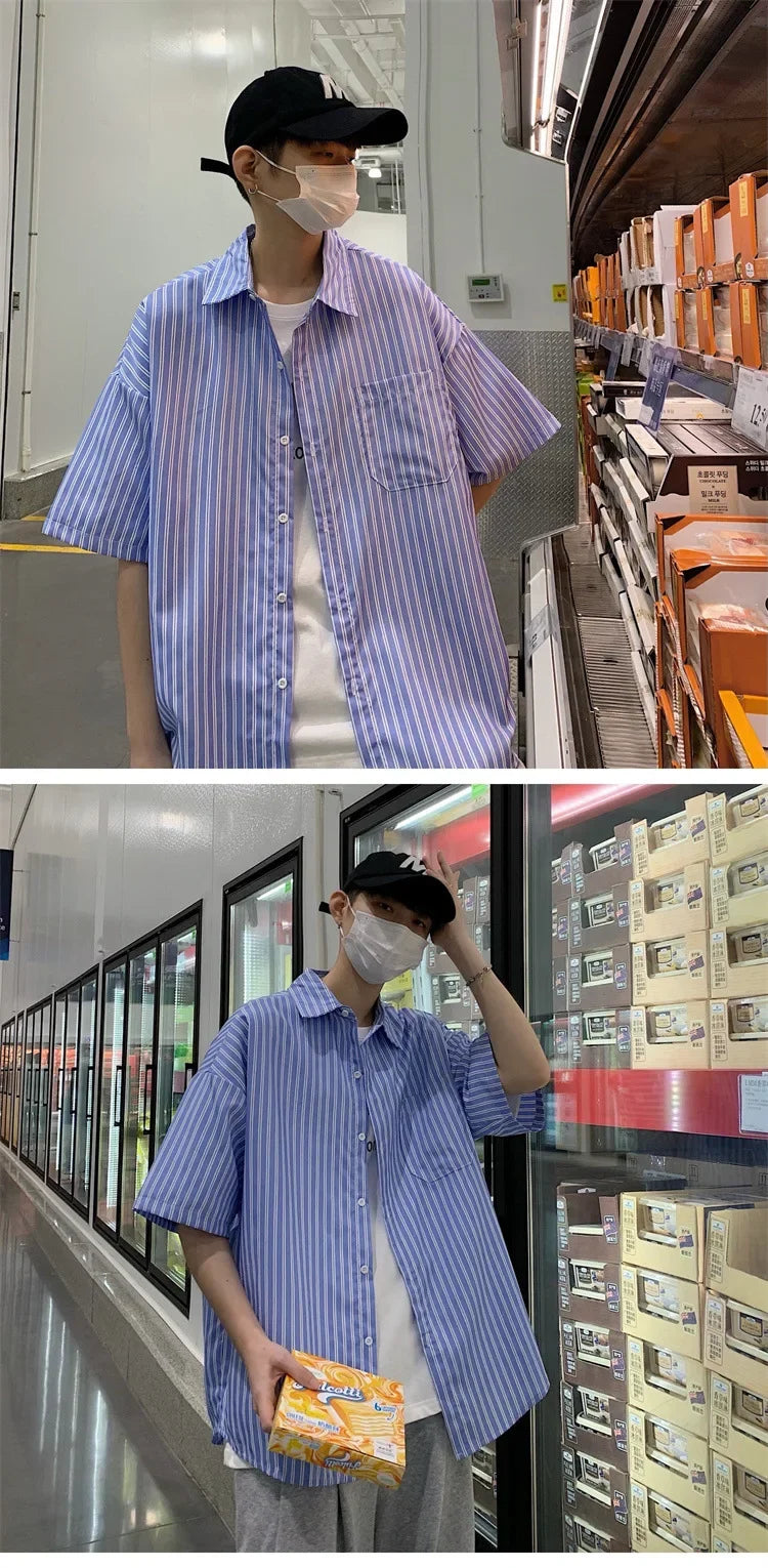 Japanese Style Simple Striped Short Sleeve Shirt For Men Summer Korean Trendy Loose Fit Casual Jacket voguable