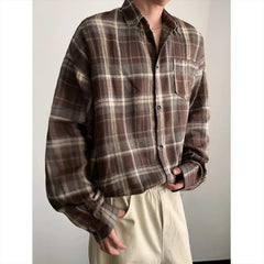 Autumn Long Sleeved Shirt Men Fashion Retro Plaid Shirt Men Japanese Streetwear Loose Brown Casual Shirts Mens Large Size 4XL voguable