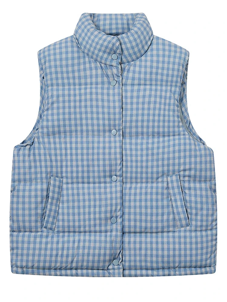 Cute Blue Plaid Puffy Vest Women Loose Vintage Sleeveless Warm Thick Winter Sweet Vest Coat Korean Preppy Style Outwear Top voguable