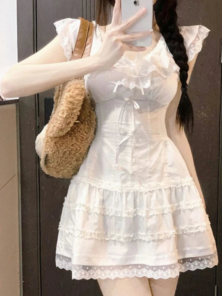 Voguable Y2k Coquette White Lolita Sweet White Kwaii Cute Mini Dress Women Lace Bow Princess Slip Lace Short Dresses 2024 Fashion voguable
