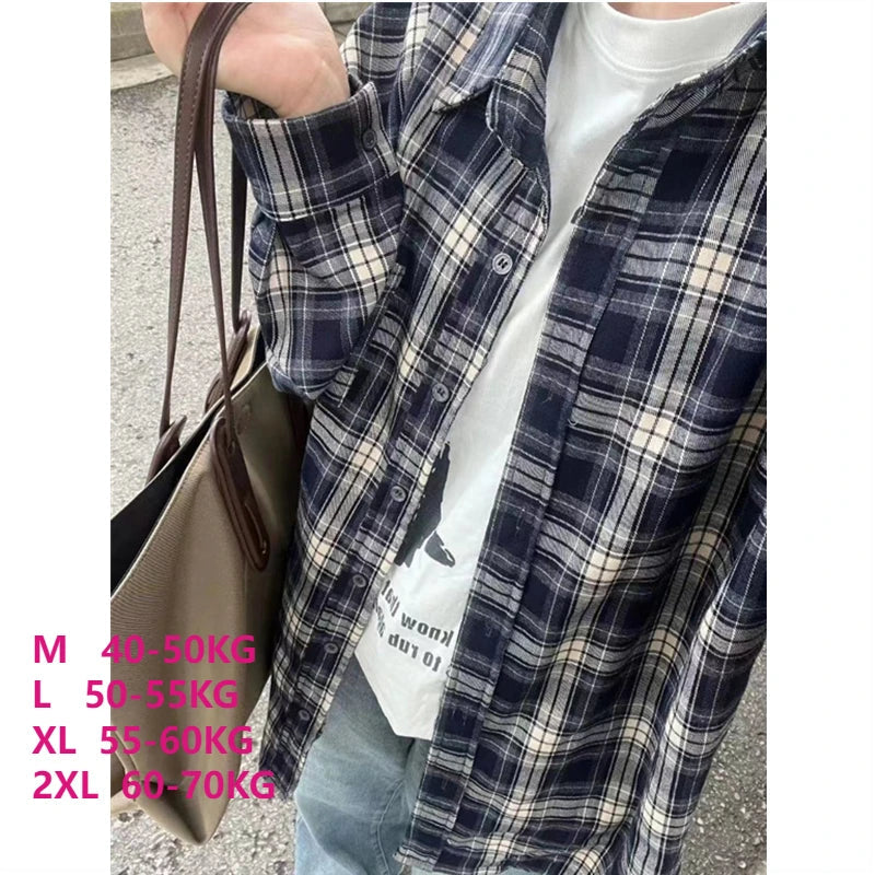 Vintage Plaid Shirt Women Loose Casual Medium Length Preppy Style Shirts Fashion Single Breasted Lapel Pocket Oversize Shirts voguable