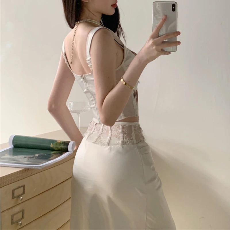 Voguable 2024 Spring Streetwear Contrast Color Printed Bow Sexy Camisole Women + Lace Spliced Casual Mid-Length Skirt Two-Piece Suit voguable