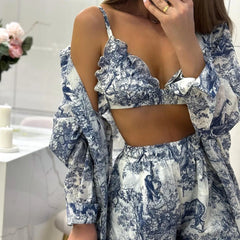Voguable  Fashion Loose Print 3 Piece Shorts Sets Women Outfit 2024 Elegant Long Sleeve Shirt + Bra With High Waist Shorts Set Streetwear voguable