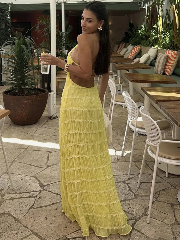 Spring Fashion Patchwork Long Dress For Women Lace-Up Backless High Waist Solid Holiday Beach Dress Ladies Maxi Dress voguable