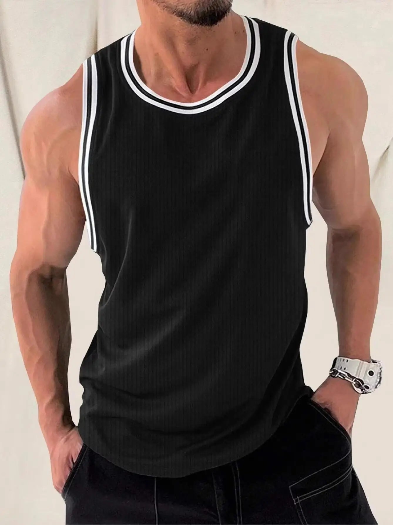 Voguable  Ice Silk Muscle Vest Elastic Ribbed Texture Sporty Sleeveless T-Shirt for Young Men Summer Season Regular Thickness round Neck voguable