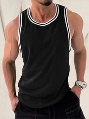 Voguable  Ice Silk Muscle Vest Elastic Ribbed Texture Sporty Sleeveless T-Shirt for Young Men Summer Season Regular Thickness round Neck voguable