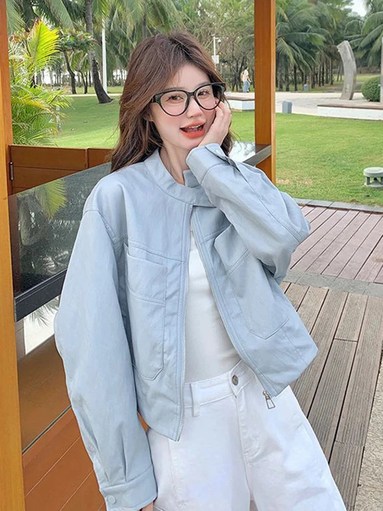Sweet Biker Pu Jacket Women Vintage Preppy Style Big Pockets Short Coat Casual Korean Long Sleeve Retro O Neck Cute Tops voguable