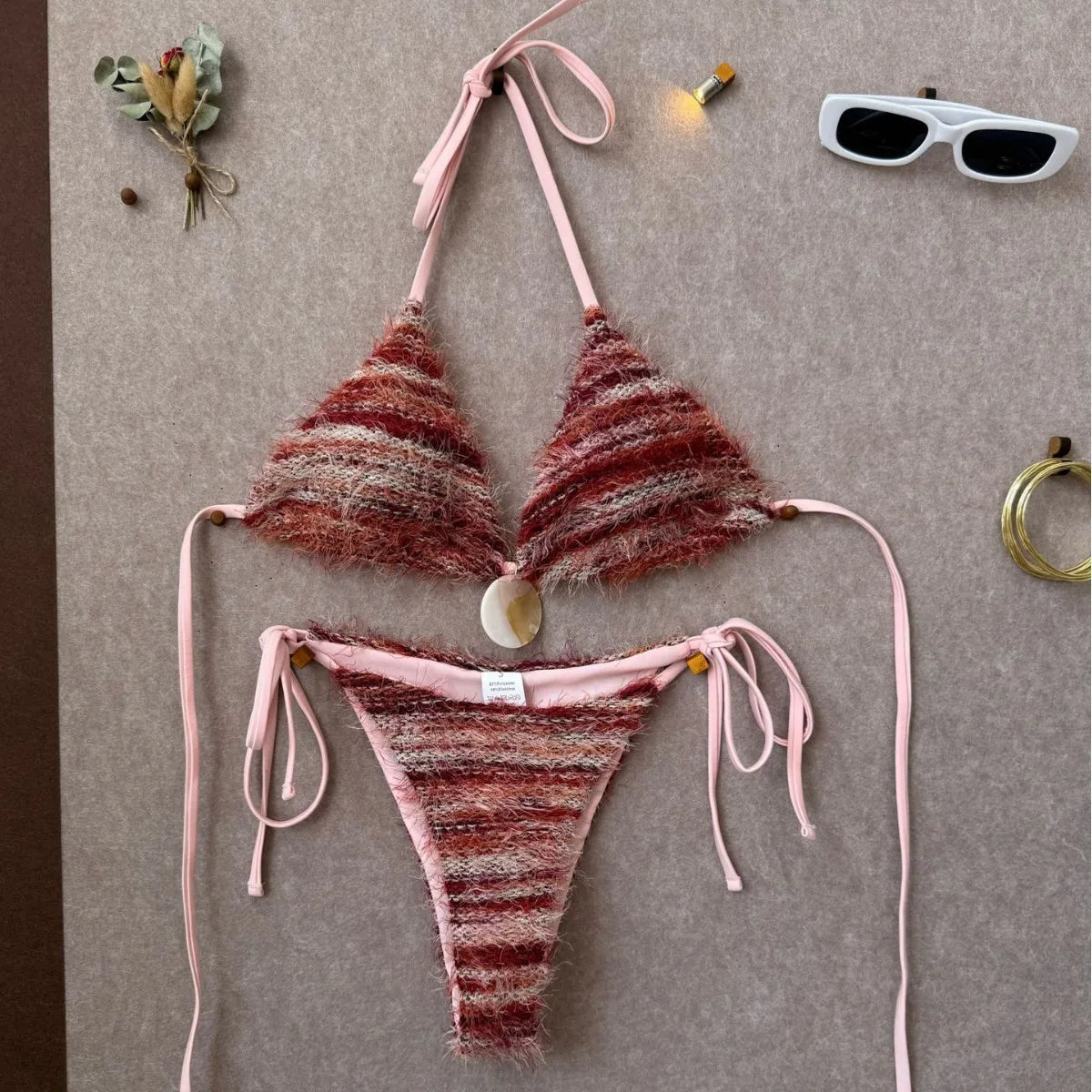Voguable  Women Boho Fringe Bikini Set Halter Triangle Top with Shell Pendant Tie Side Bottom 2 Piece Swimsuit Sexy Beach Bathing Suit voguable