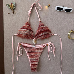 Voguable  Women Boho Fringe Bikini Set Halter Triangle Top with Shell Pendant Tie Side Bottom 2 Piece Swimsuit Sexy Beach Bathing Suit voguable