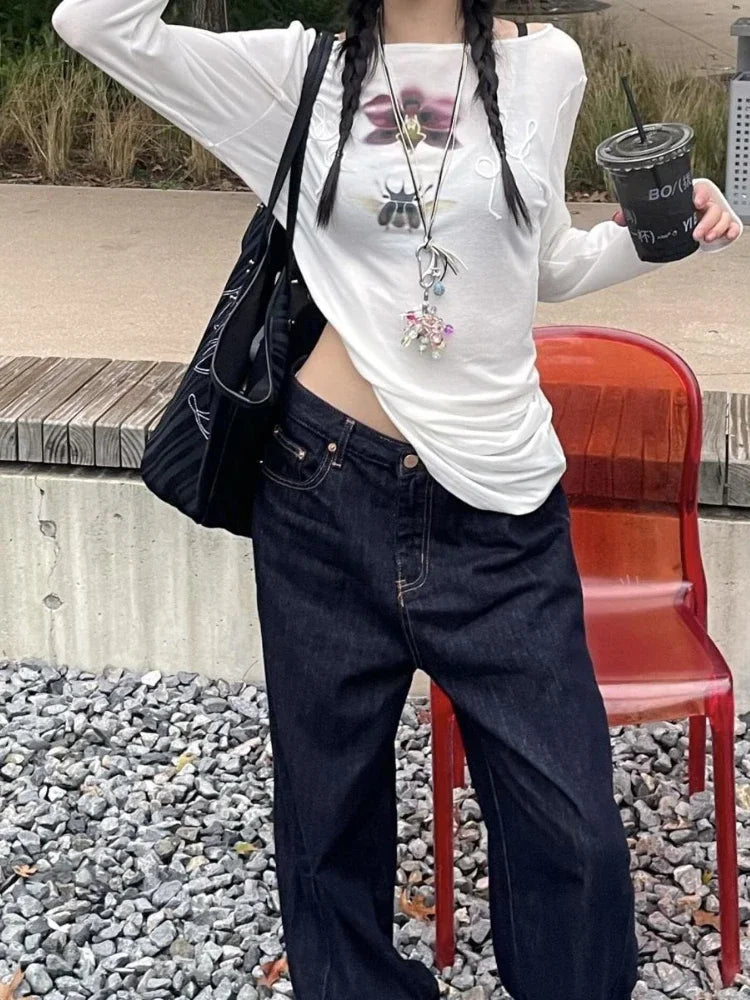 Y2k Printed Off Shoulder T-shirt Sweet Transparent White Long Sleeve T-Shirts Korean Fashion Casual Loose Tops Slim Up voguable