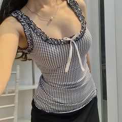 Voguable Y2K Checkerboard Tank Top Ruffle Square Collar Plaid Sleeveless Tops Coquette Aesthetic Contrast Bow Slim-fit Camisole voguable