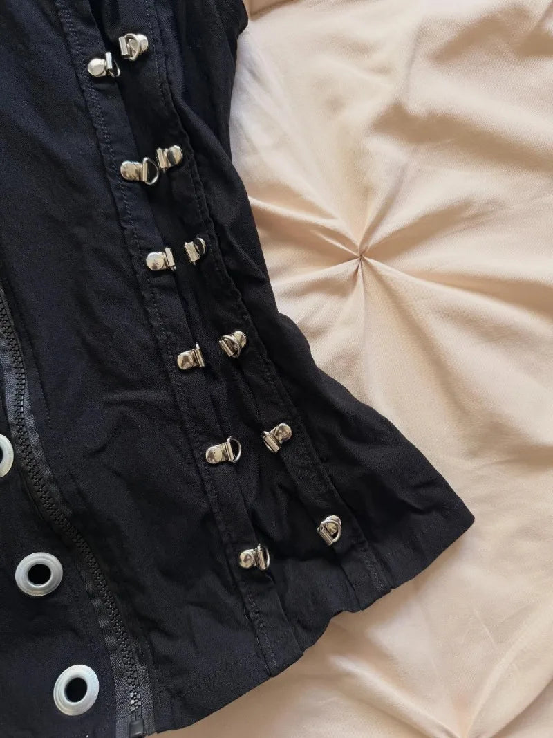 Voguable  Women Gothic Black Corset Vest Eyelet Metal Buckle Sleeveless Zip Up Crop Top Streetwear voguable