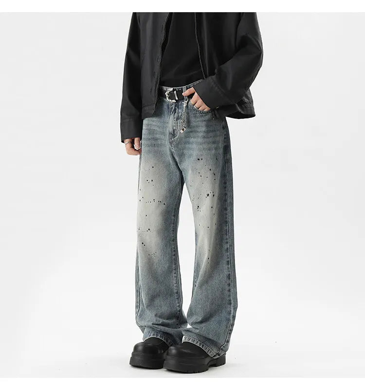 Summer Men's Denim Pants Old Blue Washed Male Jeans Straight fleck Casual Menwear Loose Wide Leg Trousers 2024 New Fashion voguable