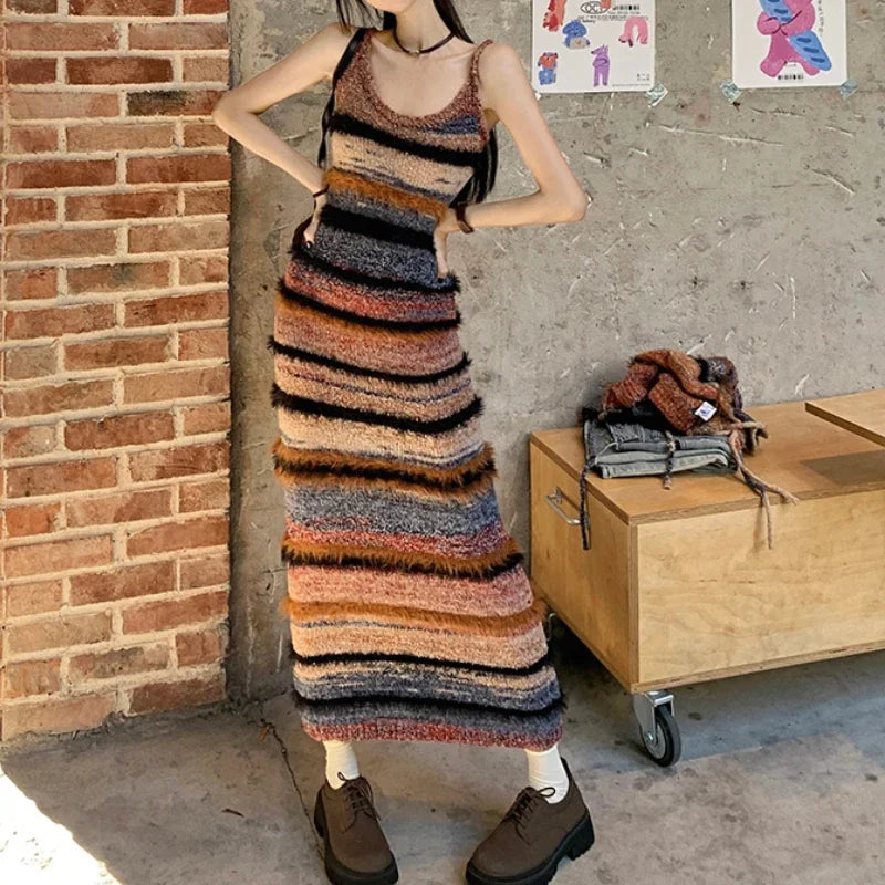 Voguable Autumn New Streetwear Lace Up Sexy Long-sleeved Cardigan Women + Contrast Color Striped Knit Sling Dress Two-piece Suit voguable