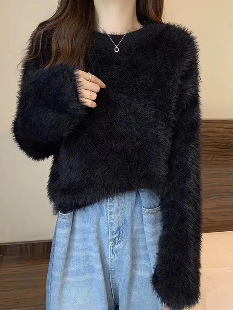 Women's Fuzzy Knitt Top Long Sleeve Mock Neck Fluffy Sweater Pullovers Cozy Plain Jumper Teen-girl Fall Winter Y2K Outfit voguable