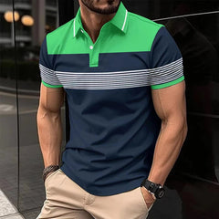 Voguable  Business Casual Men Polo Shirts Summer New Lapel Striped Button Contrast Color Streetwear Fashion Office Social Short Sleeve Top voguable
