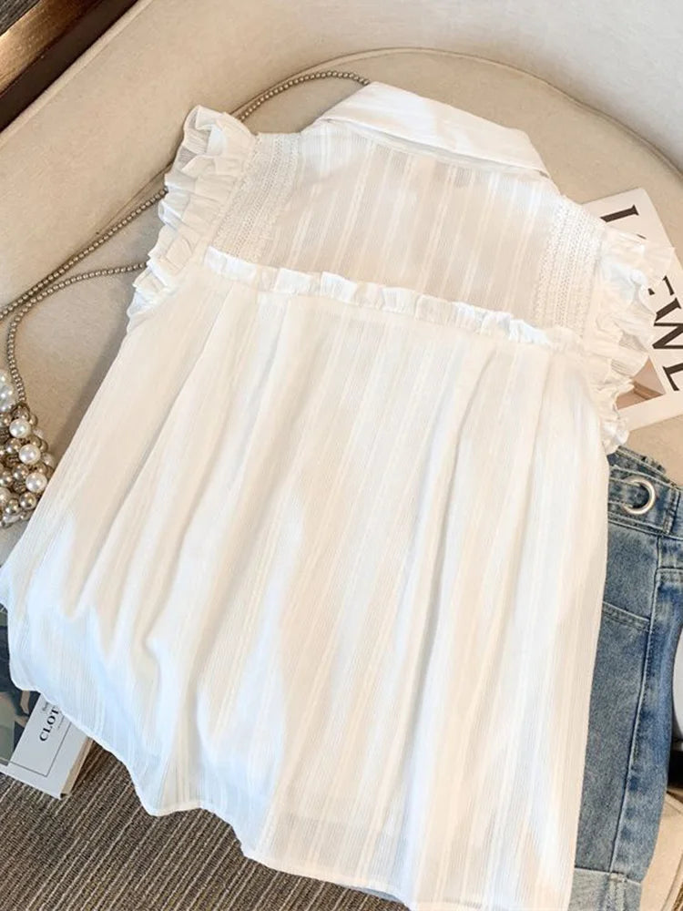 Elegant Sweet White Shirt Women Casual Ruffles Flying Sleeve Blouse Summer Cute Loose Design Female All Match Vintage Tops voguable