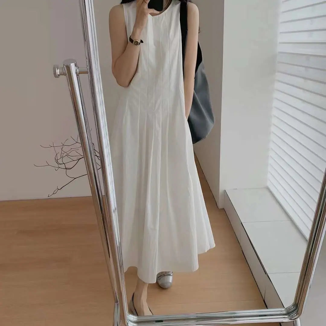 Voguable Women Casual Sleeveless Round Neck Solid Color Dresses 2023 Summer Japan Style Loose Fit High Waist Camisole Elegant Dress voguable