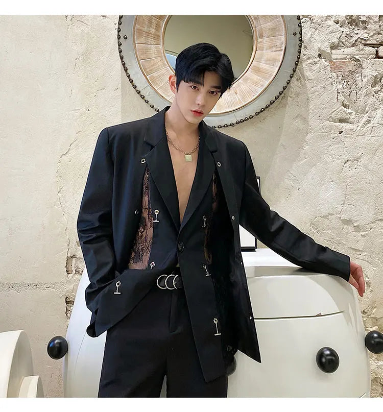 Voguable 2024 Spring Niche Designer Splicing Lace Blazer Outerwear Men's High Street Elegant Original Fashion Suit Jacket voguable