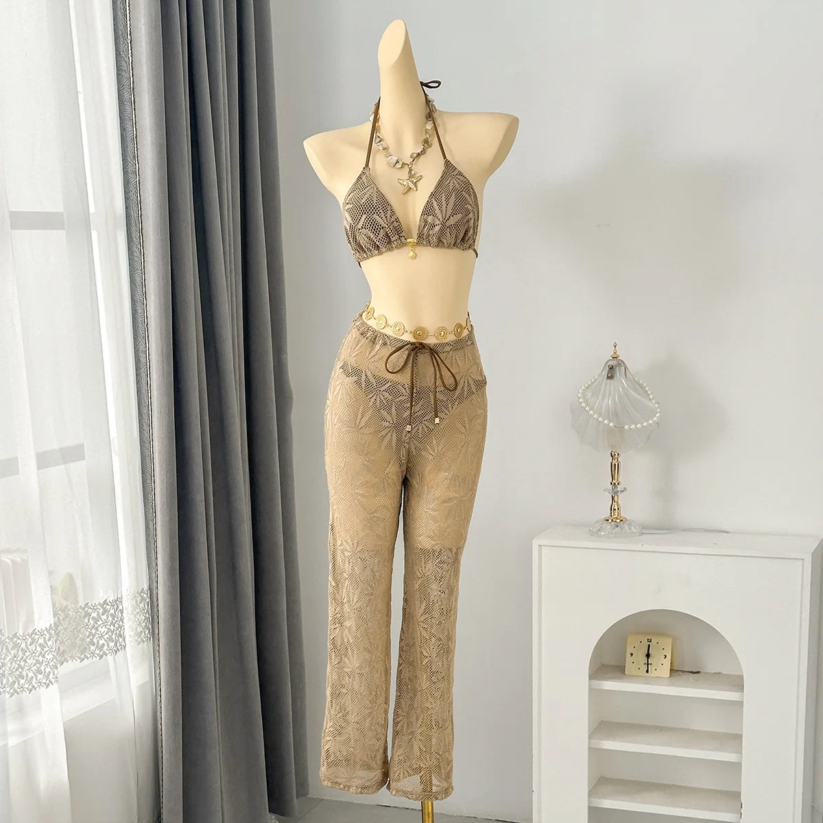 Voguable  Women Leaf Hollow Mesh 3 Piece Bikini Set Halter Triangle Top Drawstring Sheer Wide Leg Cover Up Pants Beach Swimwear Bikinis voguable