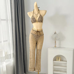 Voguable  Women Leaf Hollow Mesh 3 Piece Bikini Set Halter Triangle Top Drawstring Sheer Wide Leg Cover Up Pants Beach Swimwear Bikinis voguable