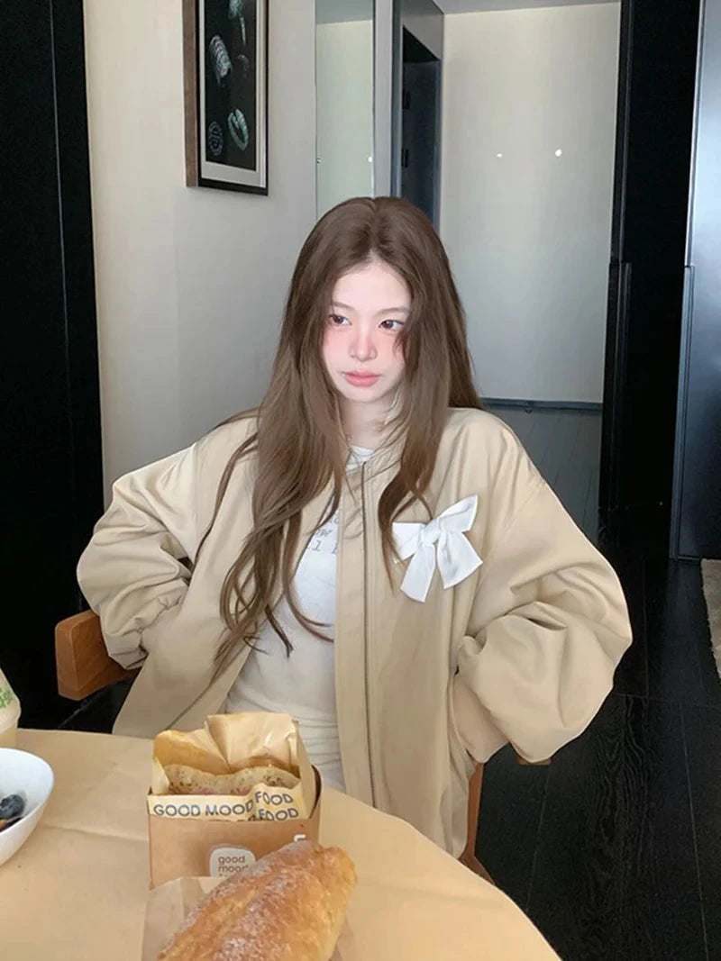 Sweet Bow Korean Jacket Women Fall Preppy Style Cute Long Sleeve Coat Vintage Casual O Neck Loose Female Pockets Tops New voguable