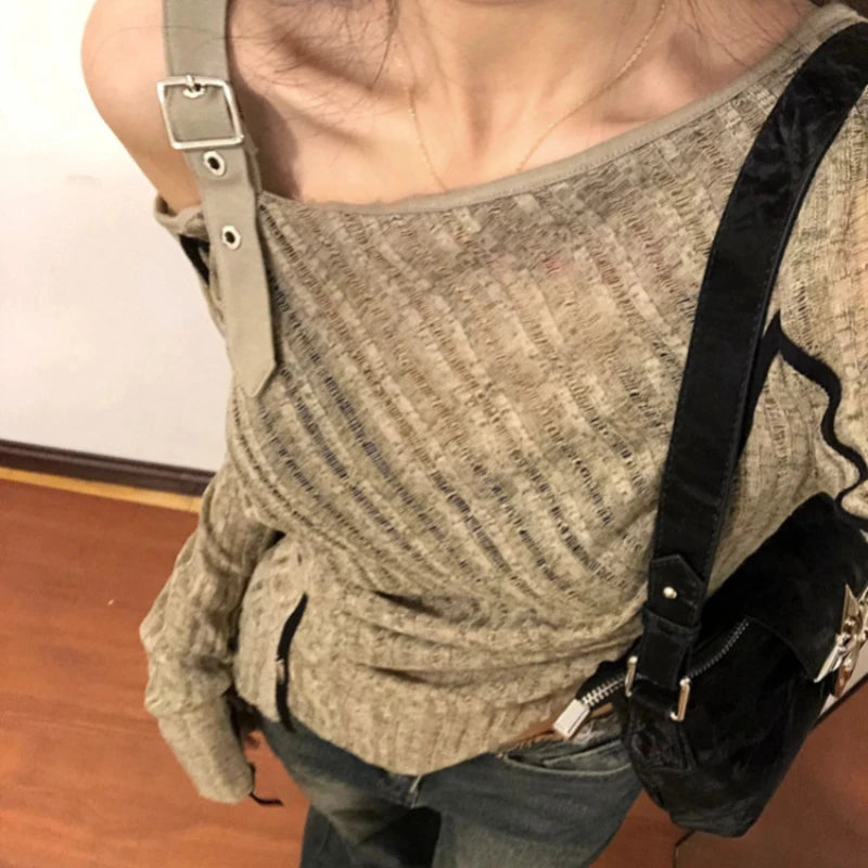 2000s Aesthetic Vintage T-shirts Women Sexy Y2k Punk Gyaru Long Sleeve Crop Streetwear Asymmetrical Top Slash Neck Tee voguable