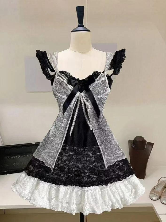 Voguable  Japanese Sweet Kawaii Lolita Ruffle Dress Women Vintage Lace Bow Cake Dress Harajuku Y2k Slim Bandage Dress Summer Fashion voguable
