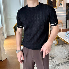 Summer Men's Clothing Luxury Knit O Neck Short-sleeved T Shirt Solid Color Leisure Korean Popular Streetwear Retro Knitwear voguable